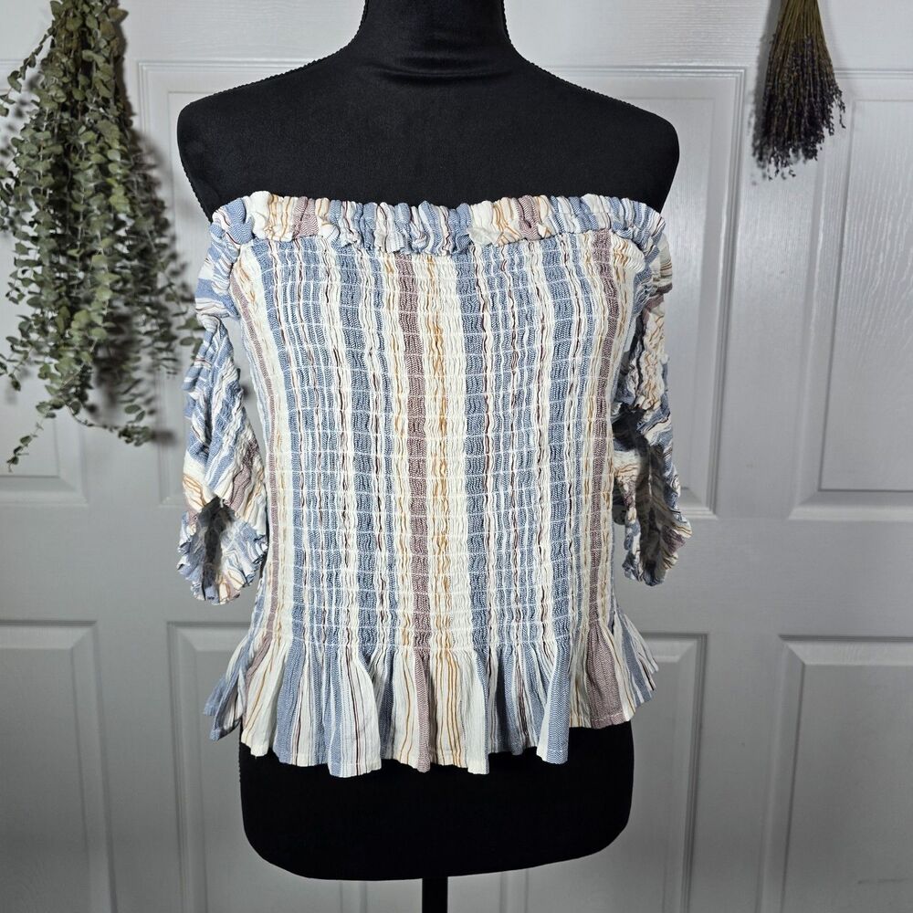 Helium Multicolor Striped Off-the-shoulder Smocked Stretch Crop Blouse 1X